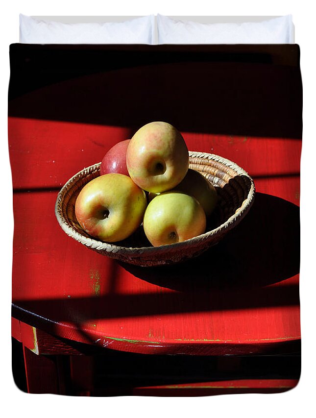 Red Duvet Cover featuring the photograph Red Table Apple Still Life by Anjanette Douglas