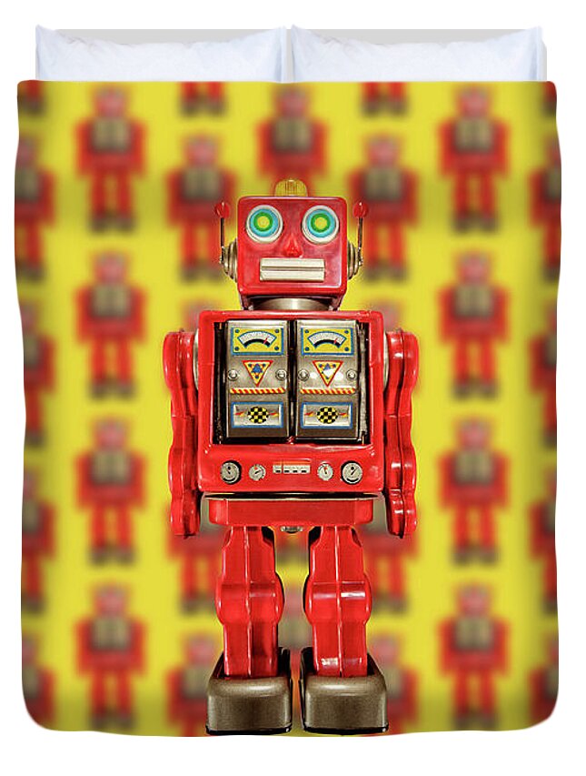 Classic Duvet Cover featuring the photograph Red Tin Toy Robot Pattern by YoPedro