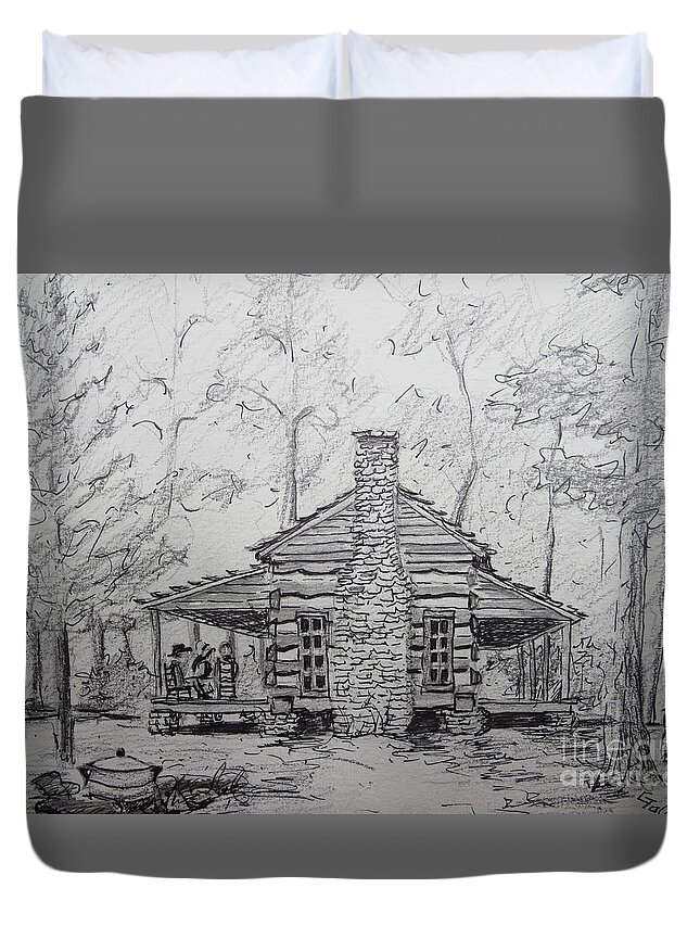 Log Cabin Duvet Cover featuring the painting Red Top Mountain's Log Cabin by Gretchen Allen