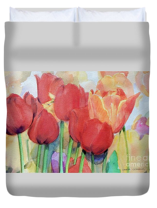 Watercolor Duvet Cover featuring the painting Watercolor of Blooming Red and Orange Tulips in Spring by Greta Corens