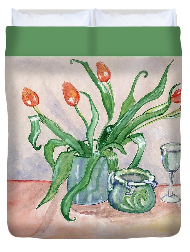Red Duvet Cover featuring the painting Red tulips still life by Manjiri Kanvinde
