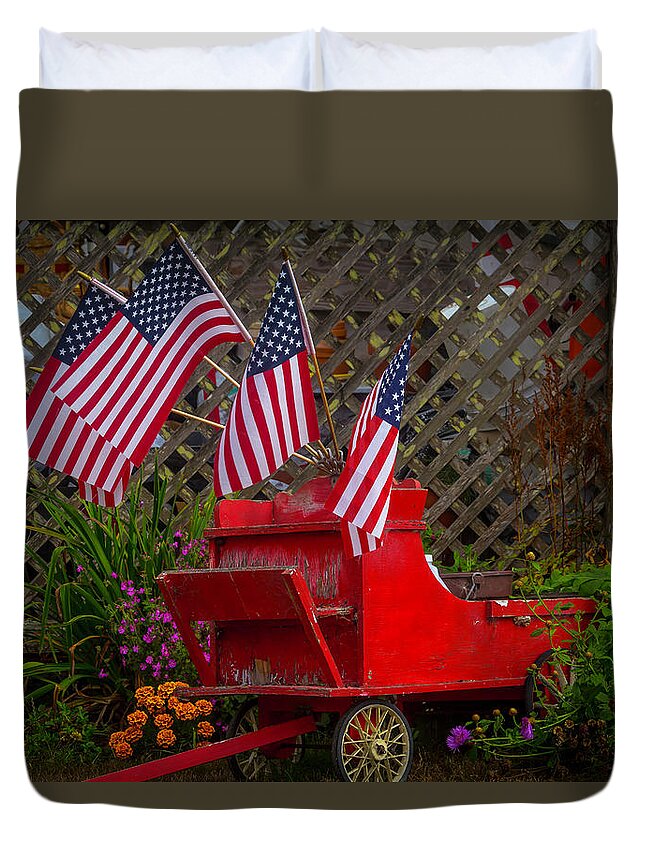 Red Duvet Cover featuring the photograph Red Wagon With Flags by Garry Gay