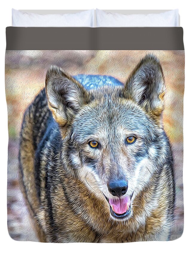 Nature Duvet Cover featuring the digital art Red Wolf Staring - TWO by DB Hayes