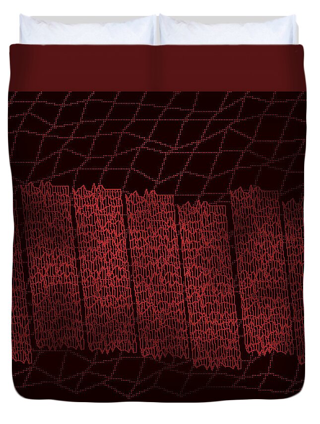 Rithmart Wire Mesh Wood Red Abstract Trees Dark Brown Nature Angles Kinetic Tension Plank Strata Duvet Cover featuring the digital art Red.100 by Gareth Lewis