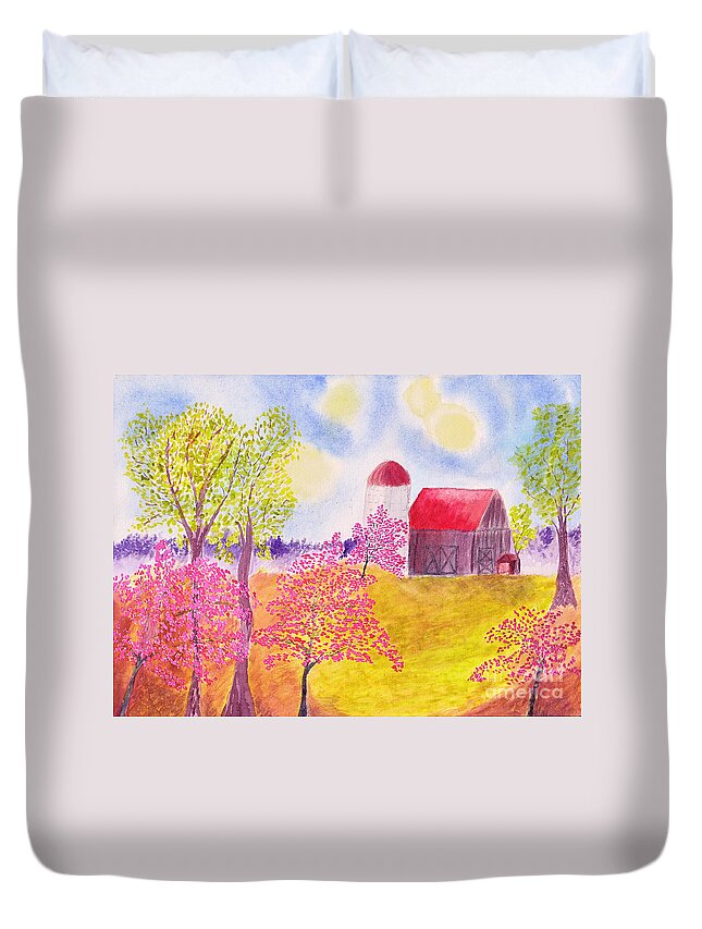 Watercolor Duvet Cover featuring the painting Redbud Trees in Spring Farm Scene by Conni Schaftenaar