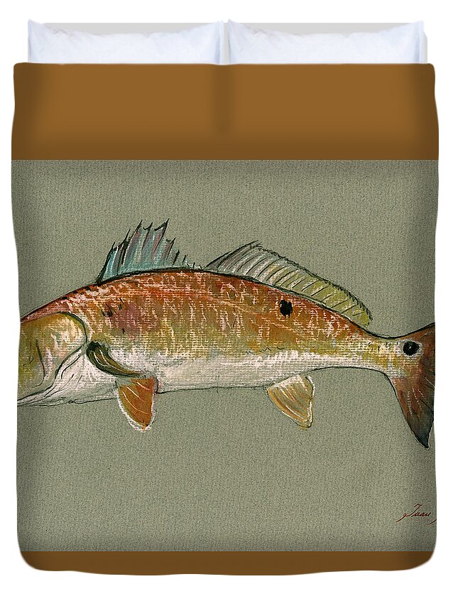 Redfish Watercolor Duvet Cover featuring the painting Redfish watercolor painting by Juan Bosco