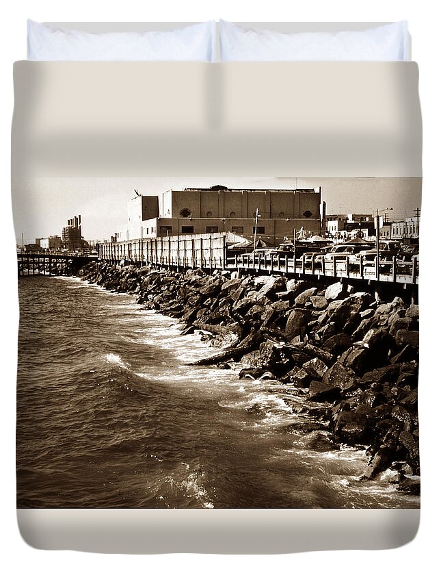 Redondo Duvet Cover featuring the photograph Redondo Beach Pier 1957 sepia by Marilyn Hunt