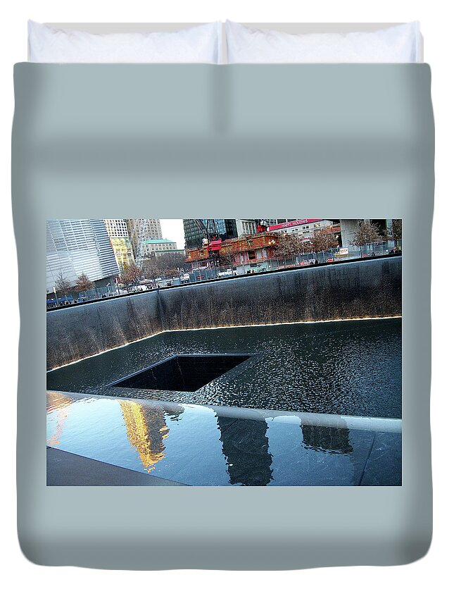 Reflecting Pool Duvet Cover featuring the photograph Reflecting Pool at 9/11 Memorial Site in NYC by Linda Stern