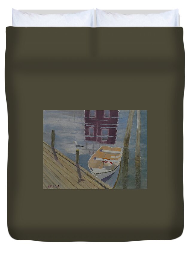 Reflection Red Boat Dock Harbor Seagull Ocean Building Landscape Duvet Cover featuring the painting Reflection In Red by Scott W White