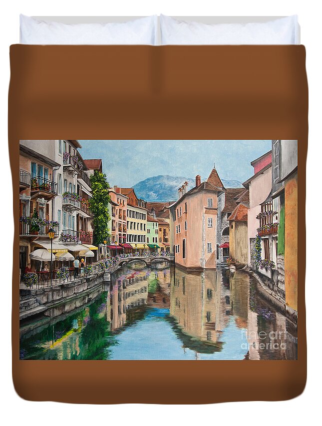 Annecy France Art Duvet Cover featuring the painting Reflections Of Annecy by Charlotte Blanchard