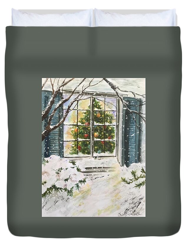 Snow Duvet Cover featuring the painting Reflections of Christmas by Cheryl Wallace