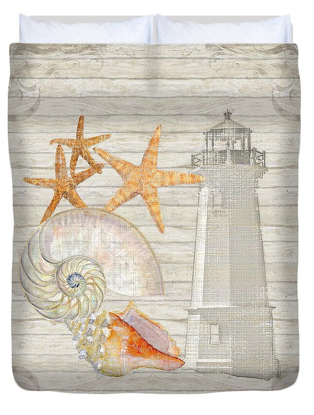 Lighthouse Duvet Cover featuring the painting Refreshing Shores - Lighthouse Starfish Nautilus n Conch over driftwood background by Audrey Jeanne Roberts