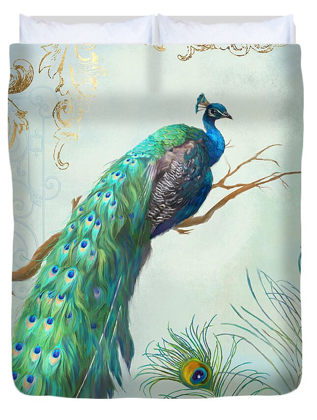 Peacock On Tree Branch Duvet Cover featuring the painting Regal Peacock 1 on Tree Branch w Feathers Gold Leaf by Audrey Jeanne Roberts