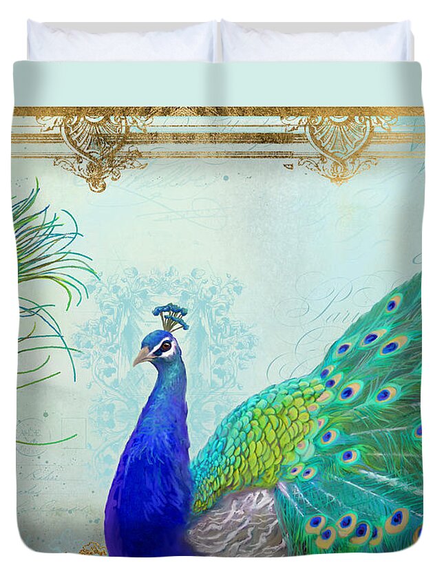 Peacock Duvet Cover featuring the painting Regal Peacock 2 w Feather n Gold Leaf French Style by Audrey Jeanne Roberts