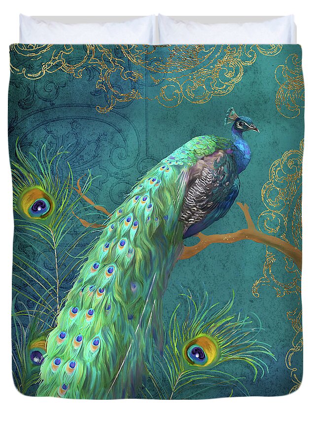 Peacock Duvet Cover featuring the painting Regal Peacock 3 Midnight by Audrey Jeanne Roberts