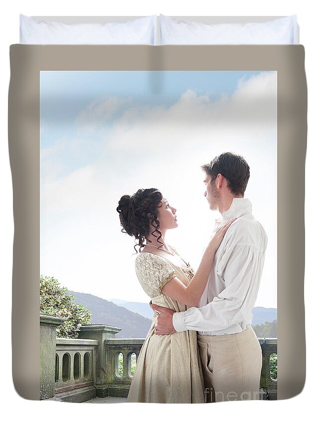 Regency Duvet Cover featuring the photograph Regency Couple Embracing On The Terrace by Lee Avison