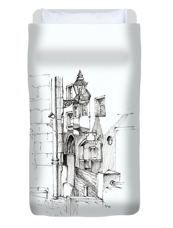 Regensburg Duvet Cover featuring the drawing Regensburg by Karina Plachetka
