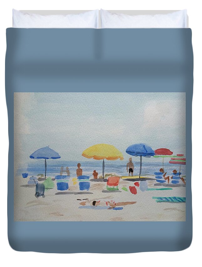 Rehoboth Beach Ocean Beach Beach Umbrellas Duvet Cover featuring the painting Rehoboth Beach by Maggii Sarfaty
