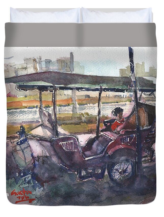 Tuk Tuk Duvet Cover featuring the painting Relaxed Tuk tuk in Phnom Penh by Gaston McKenzie