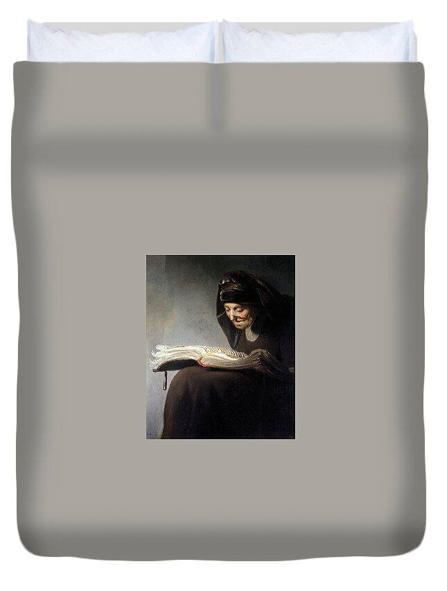 After Rembrandt Duvet Cover featuring the painting Rembrandt's mother reading by After Rembrandt