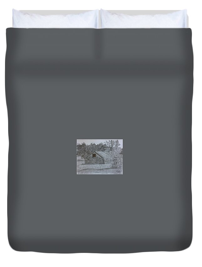 Cabin Duvet Cover featuring the drawing Remote Cabin by Tony Clark