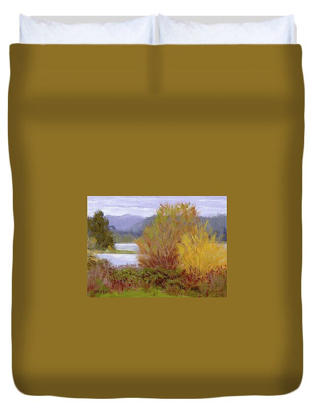 Water Duvet Cover featuring the painting Reservoir Spring by Karen Ilari