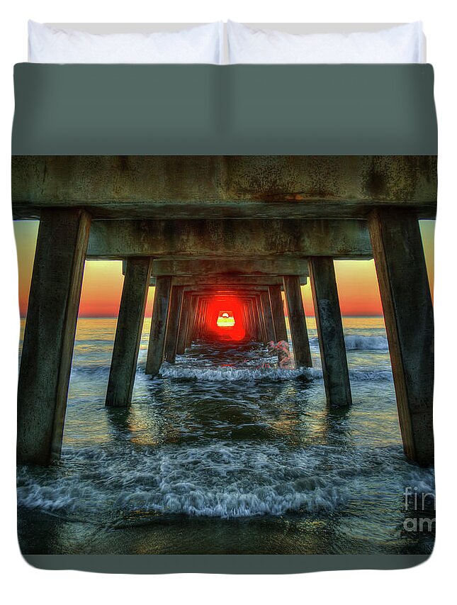 Reid Callaway Red Line Sunrise Duvet Cover featuring the photograph Resplendent Red Dot Tybee Island Pier Sunrise Seascape Art by Reid Callaway