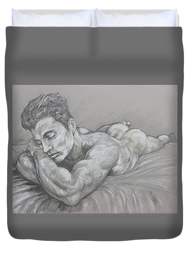 Male Nude Duvet Cover featuring the painting Resting Nude by Marc DeBauch