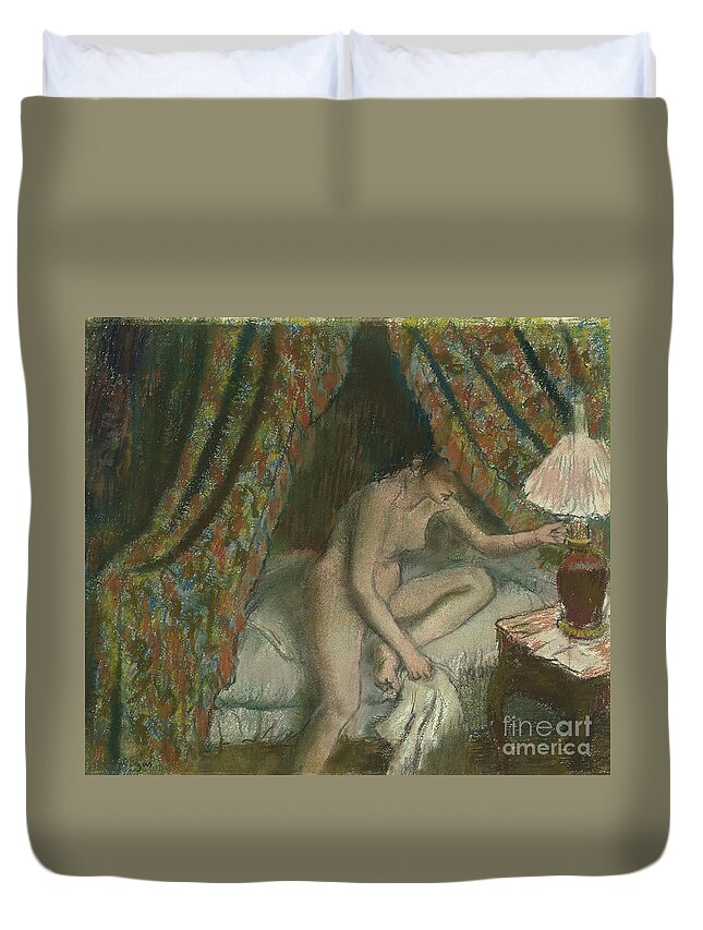 Retiring Duvet Cover featuring the pastel Retiring by Edgar Degas