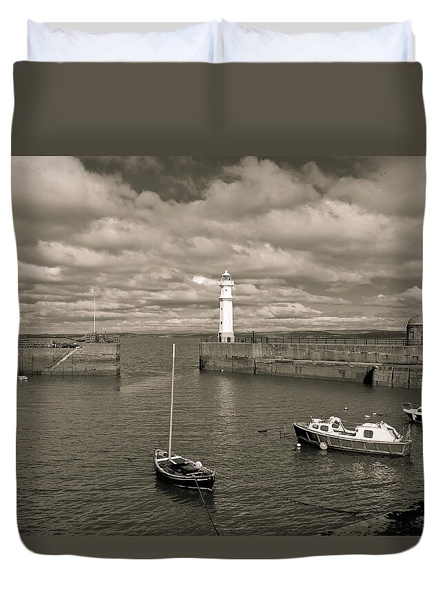Scotland Duvet Cover featuring the photograph Retro harbour and old lighthouse. by Elena Perelman