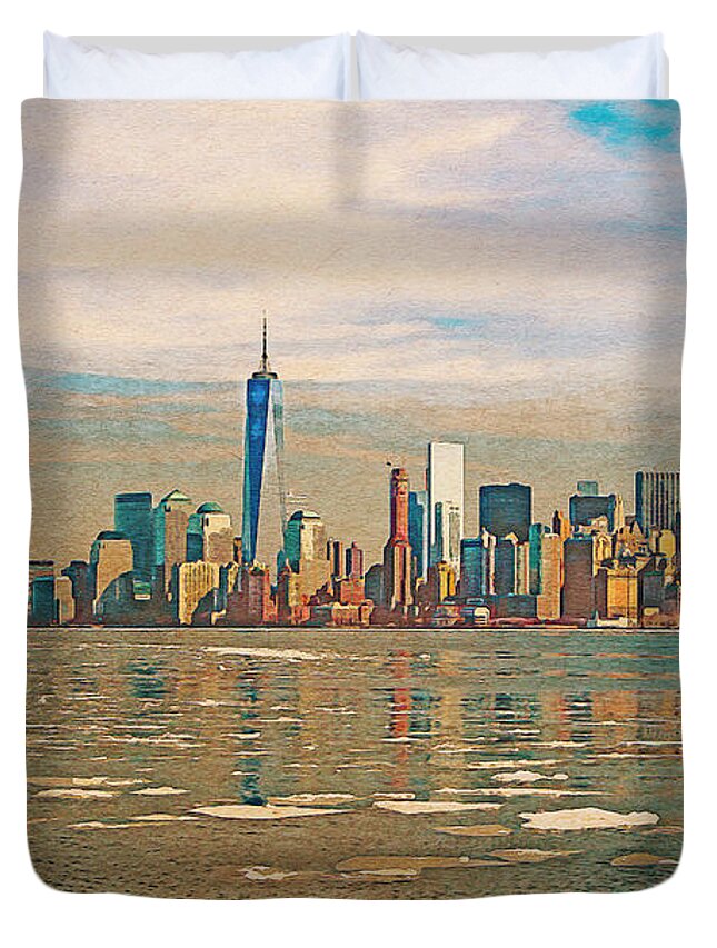 New York Duvet Cover featuring the digital art Retro Style Skyline of New York City, United States by Anthony Murphy