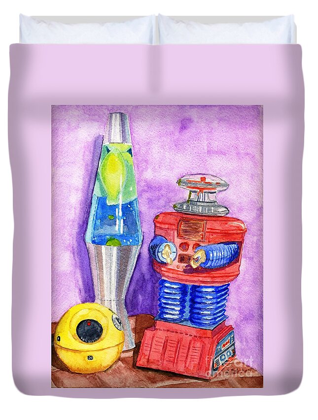Watercolor Duvet Cover featuring the painting Retro Toys by Lynne Reichhart