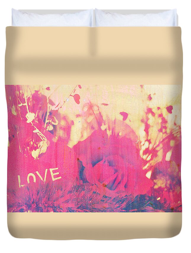 Red Valentine Retro Duvet Cover featuring the photograph Retro Valentine Hearts Flowers by Suzanne Powers