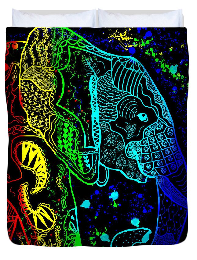 Zentangle Duvet Cover featuring the painting Rainbow Zentangle Elephant with Black Background by Becky Herrera