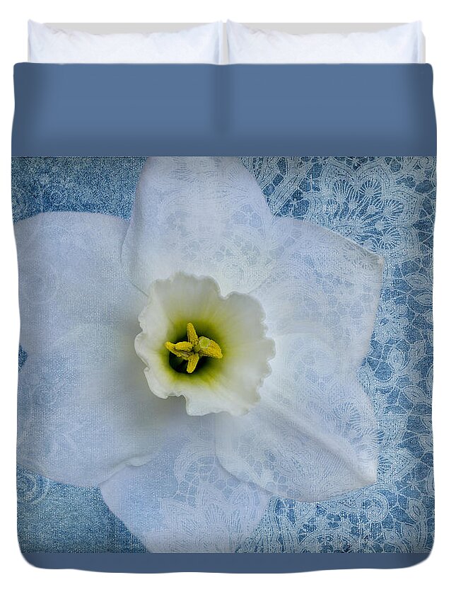 White Daffodil Flower Duvet Cover featuring the photograph Sapphire Lace by Marina Kojukhova