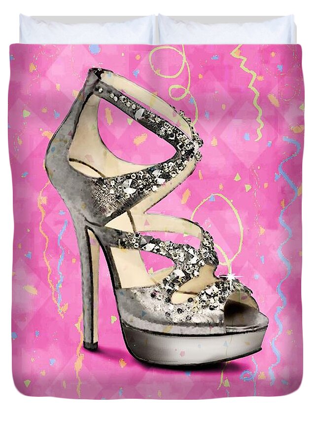 Footwear Duvet Cover featuring the painting Rhinestone Party Shoe by Jann Paxton