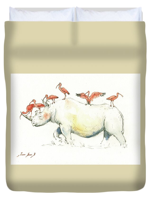 Rhino Duvet Cover featuring the painting Rhino and ibis by Juan Bosco
