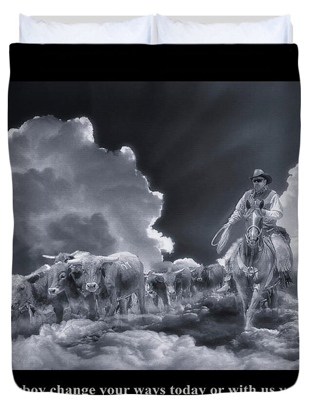 Spirit Duvet Cover featuring the digital art Riders in the Sky BW by Rick Mosher