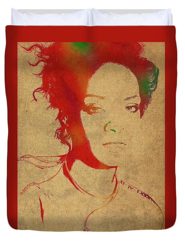 Rihanna Duvet Cover featuring the mixed media Rihanna Watercolor Portrait by Design Turnpike