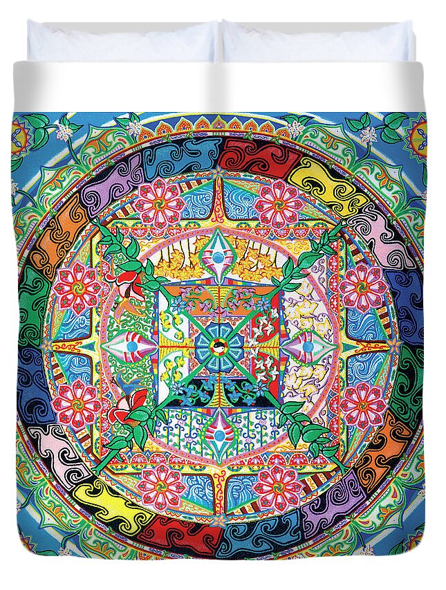 Review Journal Duvet Cover featuring the mixed media Rinchen Ratna by Dar Freeland