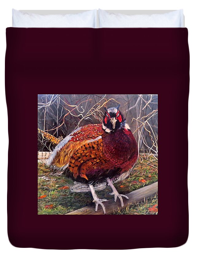 Bird Duvet Cover featuring the painting Ring Neck Pheasant by Marilyn McNish