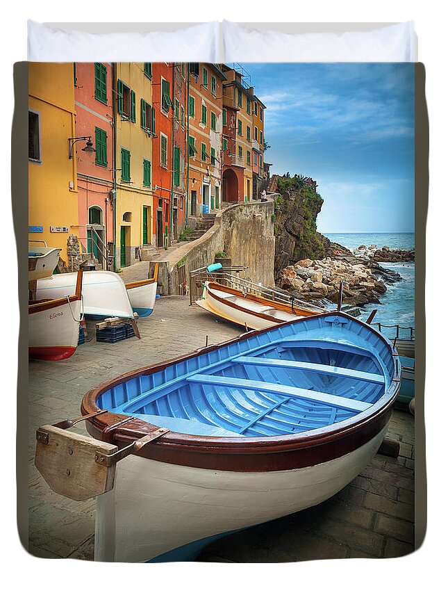 Riomaggiore Duvet Cover featuring the photograph Rio Maggiore Boat by Inge Johnsson