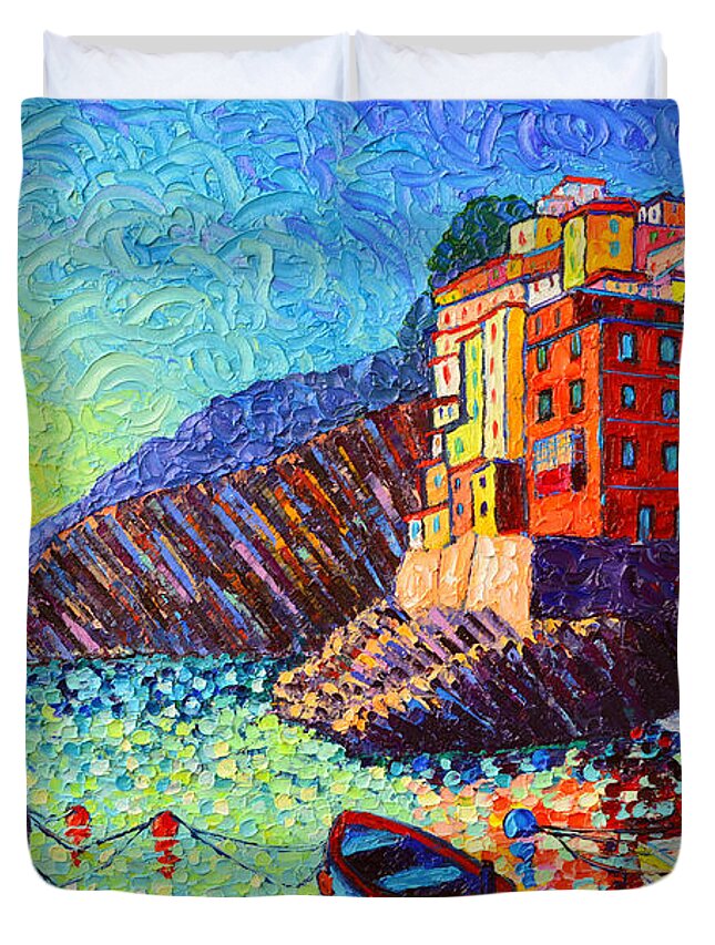 Riomaggiore Duvet Cover featuring the painting Riomaggiore Sunset - Cinque Terre Italy - Palette Knife Oil Painting By Ana Maria Edulescu by Ana Maria Edulescu