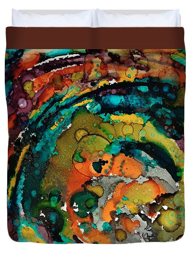Mod Colors Mid Century Orange Olive Turquoise Burgundy Silver Abstract Contemporary Alcohol Swirl Mystical Galaxy Heart Riot Magic Chaos Duvet Cover featuring the painting Riot in the Heart by Brenda Salamone