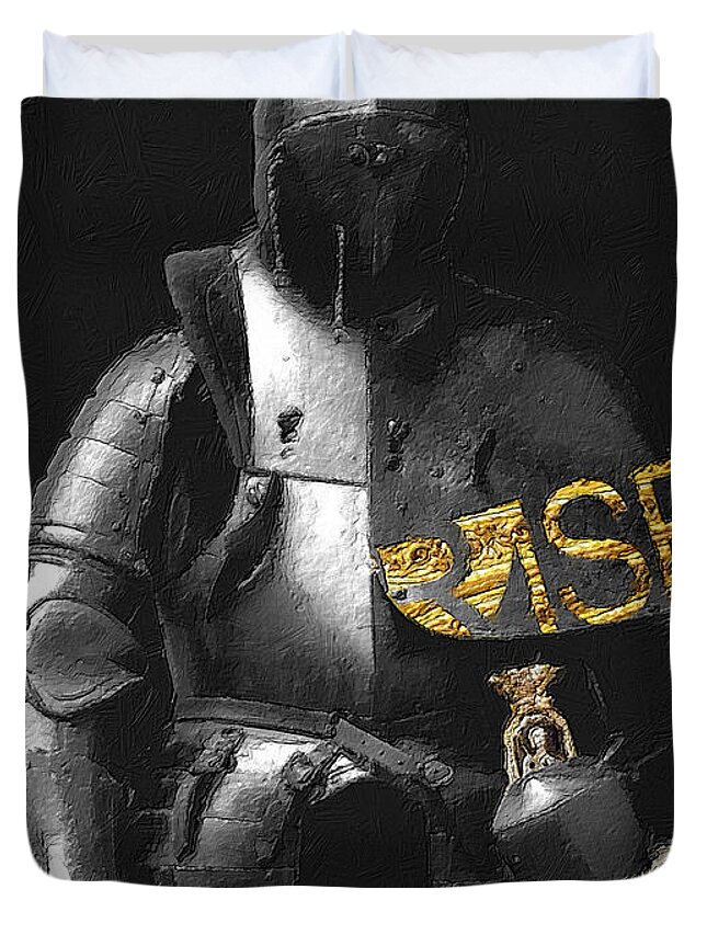Metal Duvet Cover featuring the painting Rise Black Knight by Tony Rubino