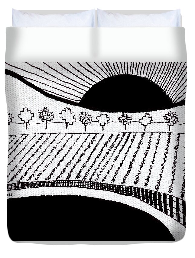Abstract Duvet Cover featuring the drawing Rising Sun Black Ink on White Canvas by Ricardos by Ricardos Creations