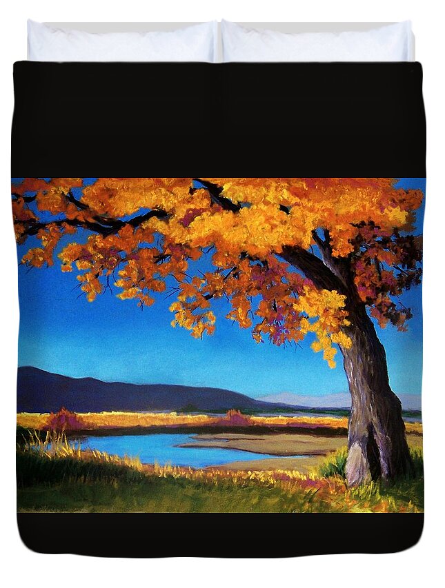 Landscape Duvet Cover featuring the pastel River Cottonwood by Candy Mayer