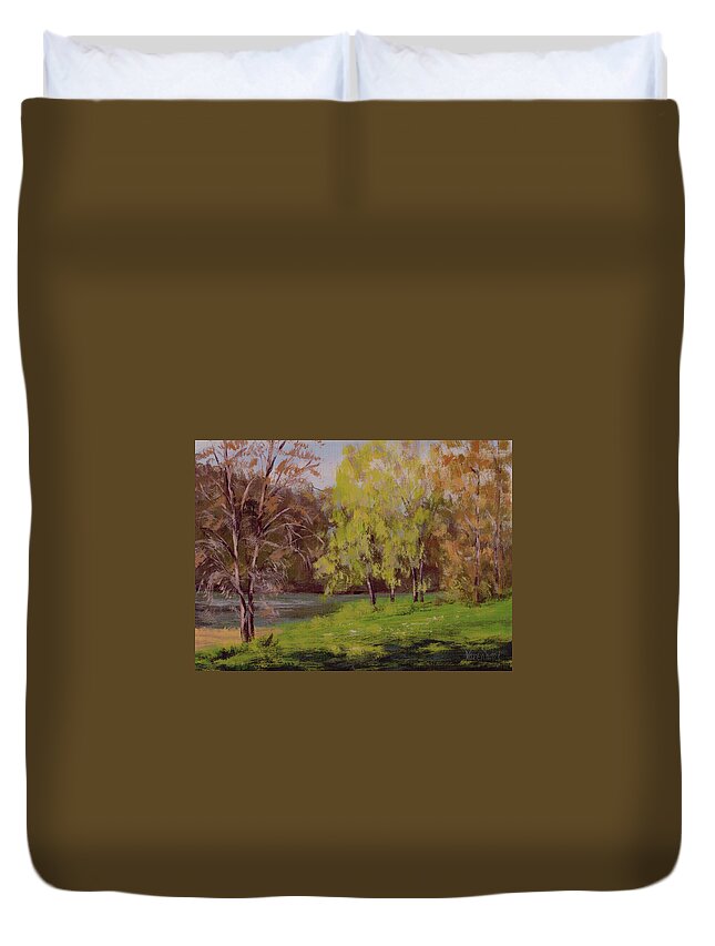 River Duvet Cover featuring the painting River Forks Spring 2 by Karen Ilari