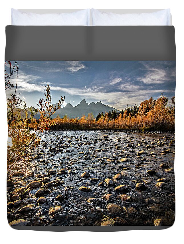 Grand Tetons Duvet Cover featuring the photograph River in the Tetons by Wesley Aston