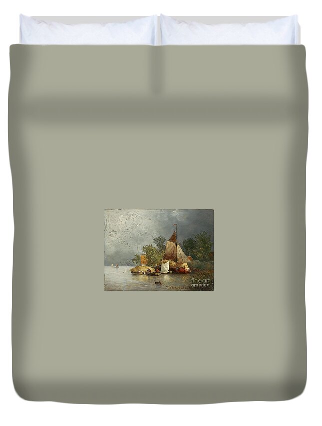 Andreas Achenbach Duvet Cover featuring the painting River Landscape With Barges by MotionAge Designs